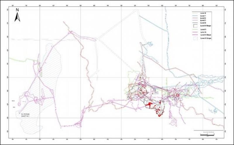 Composite level map of the Potosi Mine showing areas projected for exploration.
