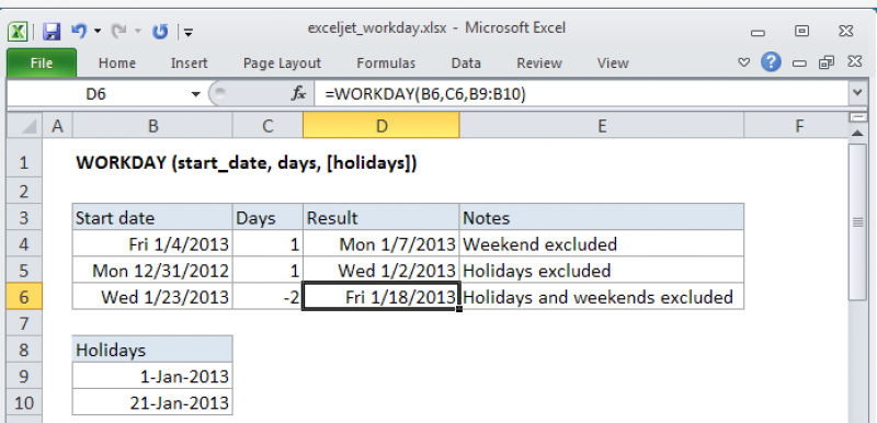 Excel workday function