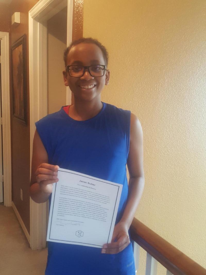 Commendation for Leadership and Bravery to Jaren Suber in recognition of his dauntless six year battle against a rare pediatric brain cancer and his recent decision to lead the way for cancer patients everywhere by exploring the potential of cannabinol (CBD) treatment
