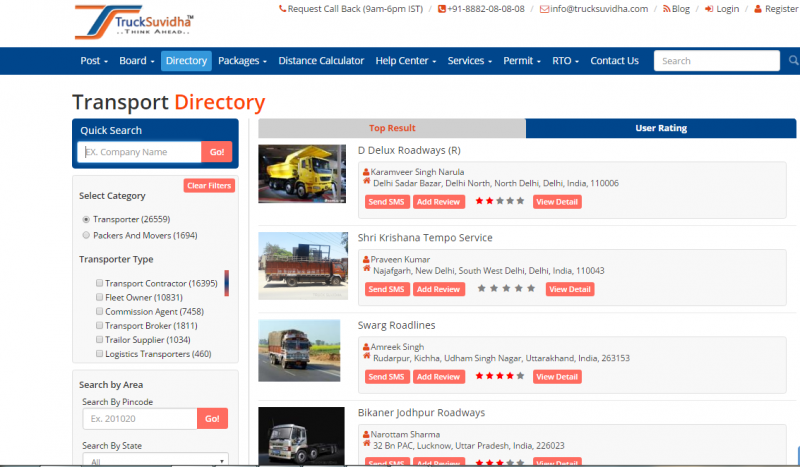 USE DIRECTORY OPTION WITH TRUCKSUVIDHA, WHICH WOULD GIVE USER A BRIEF VIEW OF ALL THE TRANSPORTERS REGISTERED WITH TRUCKSUVIDHA