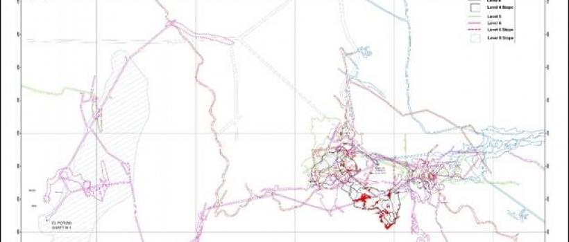 Composite level map of the Potosi Mine showing areas projected for exploration.