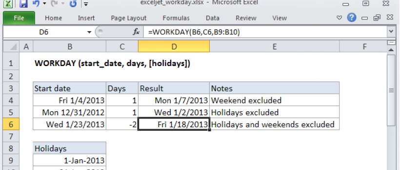 Excel workday function