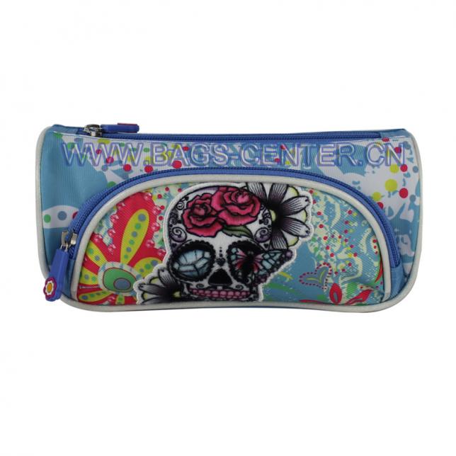Skull collection pencil case. It is designed with blue twill fabric with CMYK printing. The skull is in flannelette printing with embroidery.