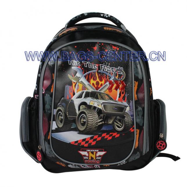 Rocking car collection backpack. This backpack perfectly combines the twill fabric with leather. Reflective piping add safety for the kids, rubber zipper.