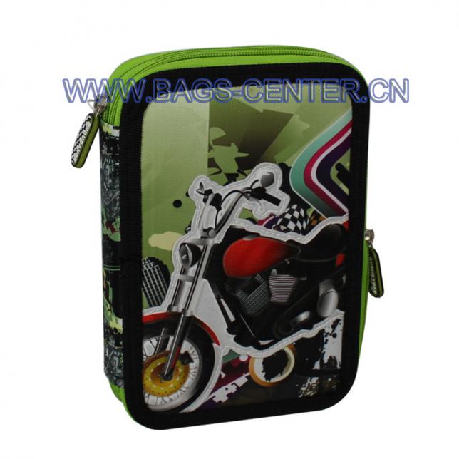 Racing Motorcycle collection pencil case. It combines ripstop fabric with 420D, present good quality printing. Make motorcycle in PVC embossed on fabric.