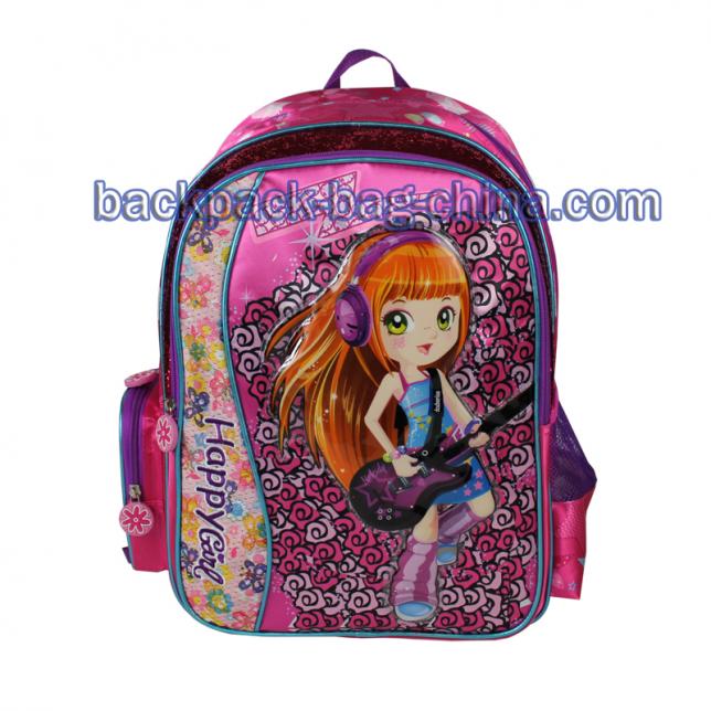 Contact Reliable School Backpacks Factory to Manufacture Your Designed Guitar Kids School Backpacks Perfectly, three compartments, pink fabric.
