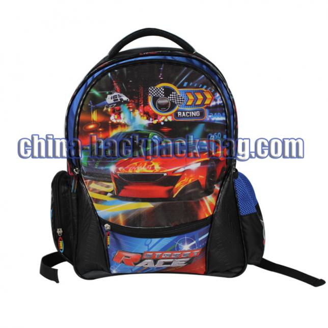 Street race car collection backpack. Use two kinds of Jacquard combination, car is Glitter PVC embossed. The lightspot is the light under the car can glow when you touch it.