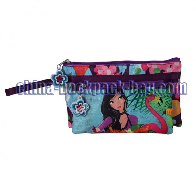Summer party collection pencil case. Double zipper separate compartments, high quality pencil bag, flower PVC embossed puller, side handle.