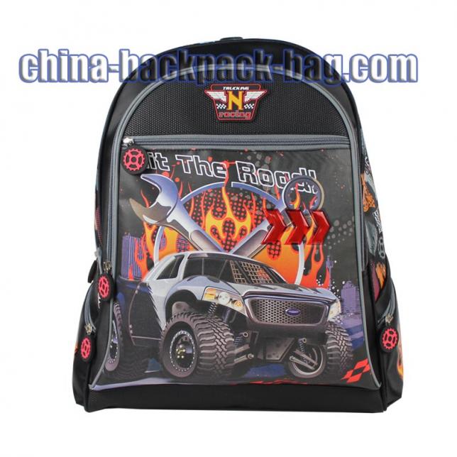 Rocking car collection backpack. This backpack perfectly combines the twill fabric with leather. Reflective piping add safety for the kids, rubber zipper.