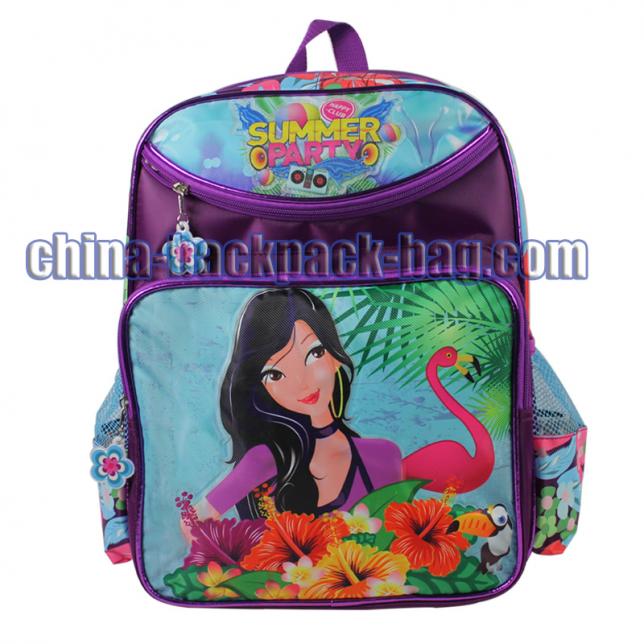 Summer party collection backpack. OEM/ODM backpacks with two front pockets, side mesh pockets for water bottle or other items, PVC embossed logo.