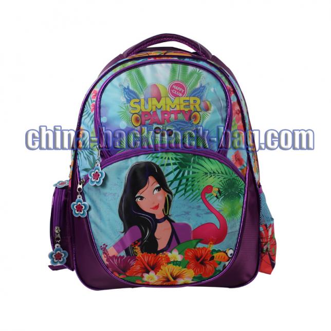 Summer party collection backpack. Twill fabric backpack in sublimation, flower PVC embossed puller, three compartments, leather piping.