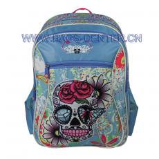 Skull collection backpack. It is designed with blue twill fabric with CMYK printing. Three compartments. The skull is in flannelette printing with embroidery.